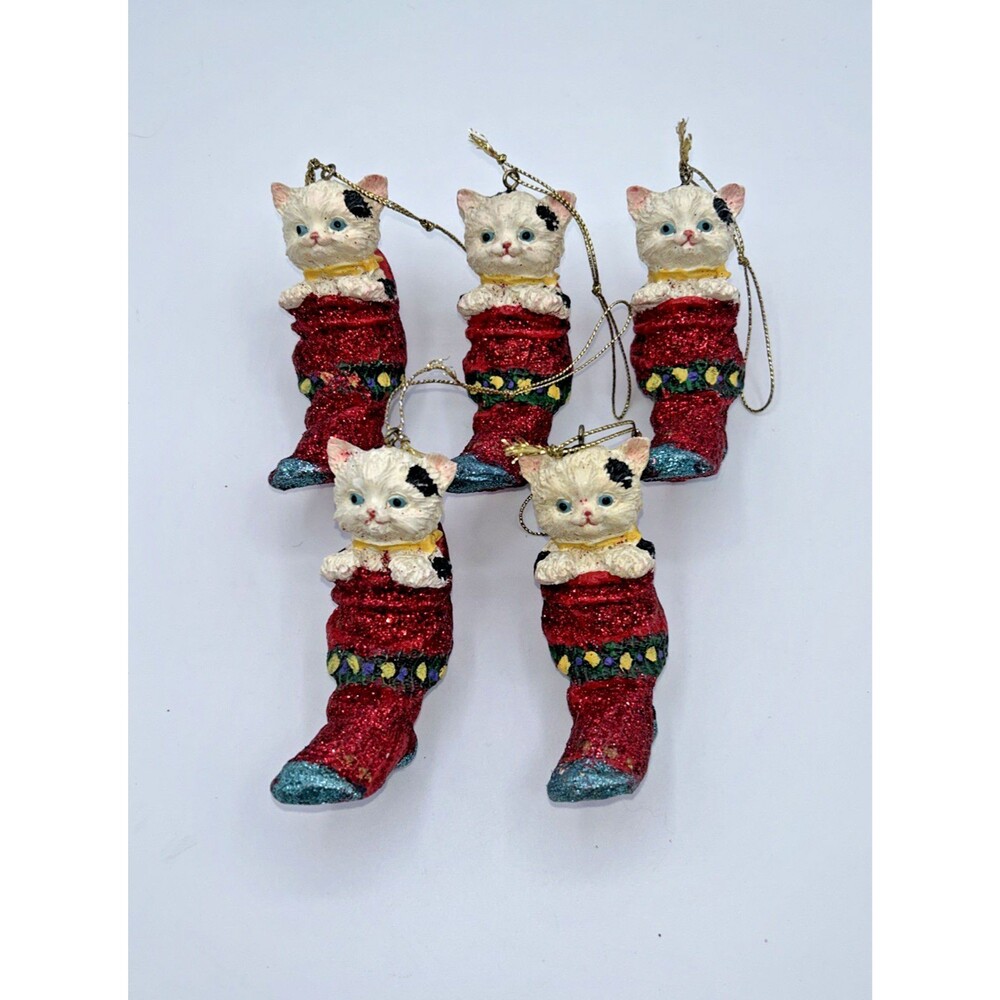 White w/Black Spots Cat in Christmas Stocking Ornament Lot/5 Glitter 3.5" CUTE